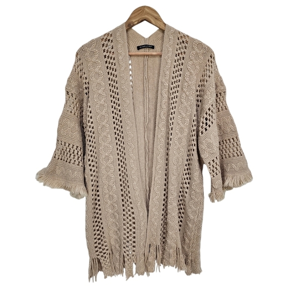 Do Everything In Love Tan Boho Crochet Knit Open Front Fringe Kimono Cardigan OS - Picture 1 of 10